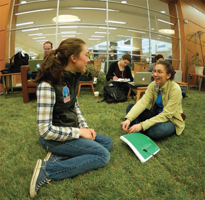 Students sit on the library's green lawn in the lobby.