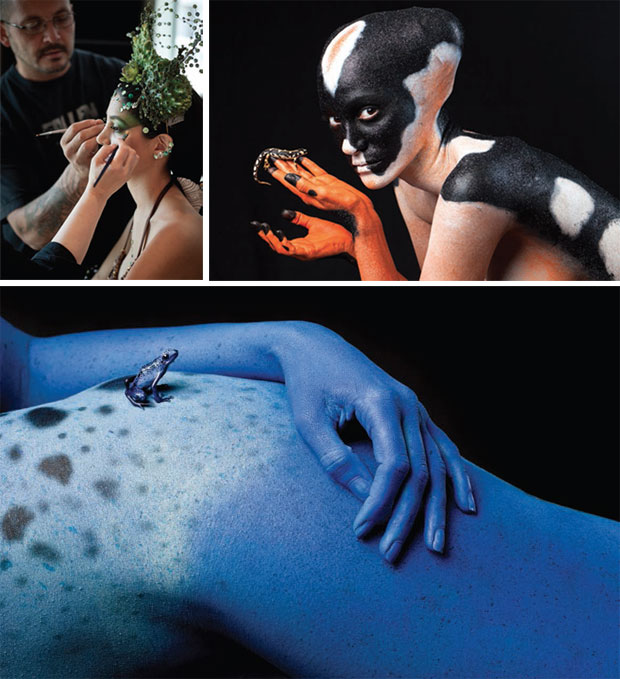 Gabriela Wagner getting made up for a shoot, in black and white as a Luristan newt, and in blue with a poison dart frog on her hip.
