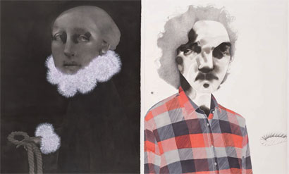 a 2008 diptych (ink, gouache, colored pencil, and charcoal on paper) by Storm Tharp of two figures in portrait