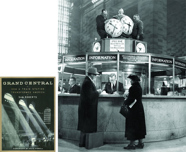 Book cover for Grand Central, and photo of the central kiosk with travelers purchasing tickets.