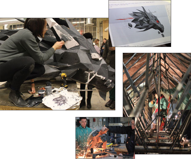 Four picture collage (clockwise from above): Painting the dragon's head; the creature seen in a computer design program known as Rhino; an inside view of the body; and sparks fly as students cut beastly 'bones.'