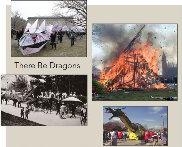 Four dragon from the past (clockwise from top right): The oncetraditional dragon immolation, four years before it was banned by a 2009 change in state environmental law; a long-necked specimen from 1995; a horse-drawn beast circa 1906; and 2013’s geometric version, decorated with paint flung at it during the parade