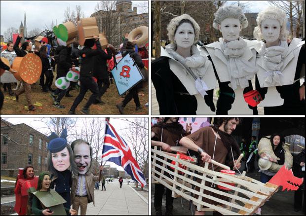 Four photo collage: Costumed upperclassmen run circles around the dragon; students clad as a trio of classical composers; a ship manned by drumming Vikings; and British royals meet Monopoly 