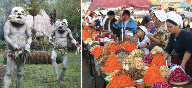 Two photo collage: The Asoro Mudmen in the Eastern Highlands of Papua New Guine (left)a; an outdoor salad bar in Turkmenistan (right).