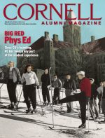 Magazine cover for March/April showing a 1950s colorized skiing class.