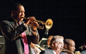 Wynton Marsalis plays his trumpet in concert at Bailey.