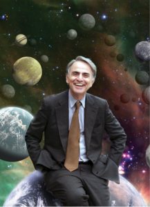 Sagan sits on the "Earth" against a backdrop of space and planets