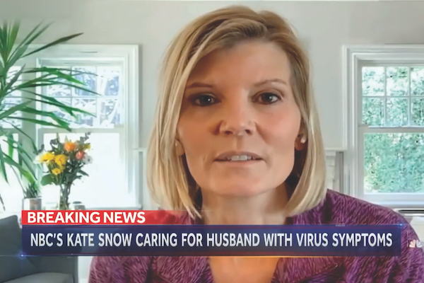 A screenshot of Kate Snow, with a chyron below her face, as she broadcasts from her home. The chyron reads: Breaking News: NBC's Kate Snow caring for husband with virus symptoms